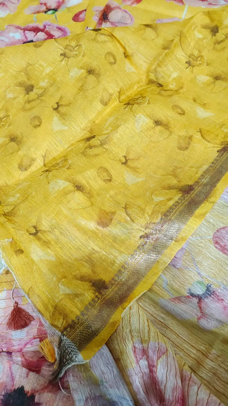 Yellow Shade Floral Printed Silk Linen Saree | KIHUMS Saree kihums clothing