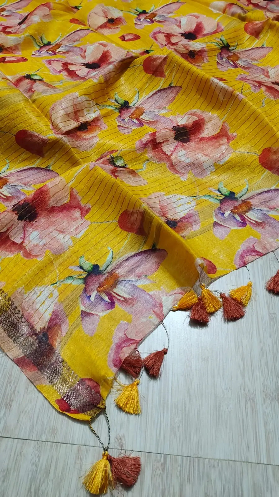 Yellow Shade Floral Printed Silk Linen Saree | KIHUMS Saree kihums clothing