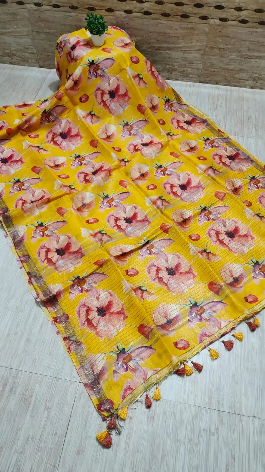 Yellow Shade Floral Printed Silk Linen Saree | KIHUMS Saree kihums clothing