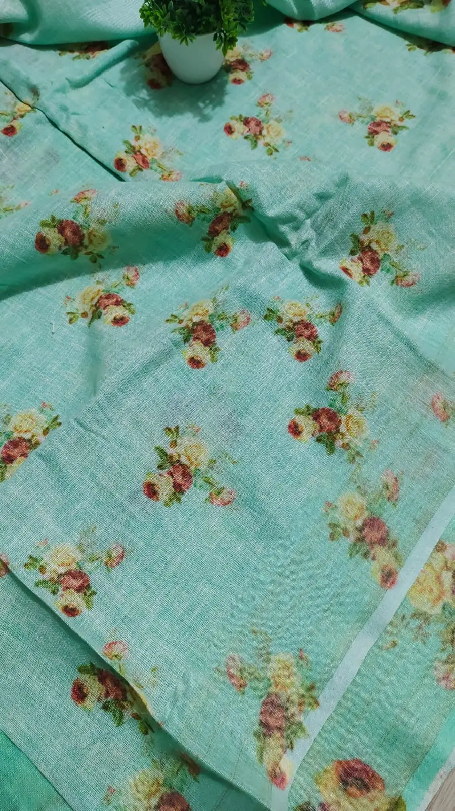 Green Floral Printed linen saree I Silver Zari BorderI Handwoven Saree I Pretty Sari | KIHUMS Saree kihums clothing