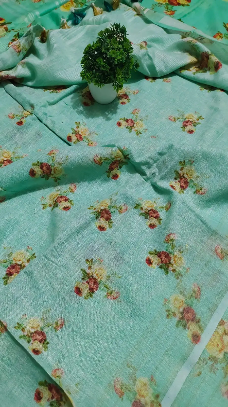Green Floral Printed linen saree I Silver Zari BorderI Handwoven Saree I Pretty Sari | KIHUMS Saree kihums clothing
