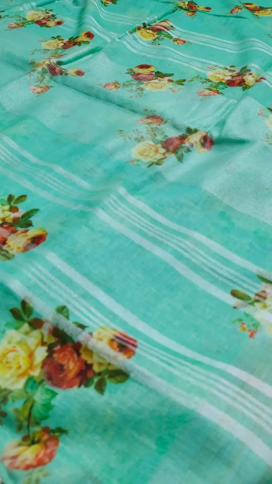 Green Floral Printed linen saree I Silver Zari BorderI Handwoven Saree I Pretty Sari | KIHUMS Saree kihums clothing