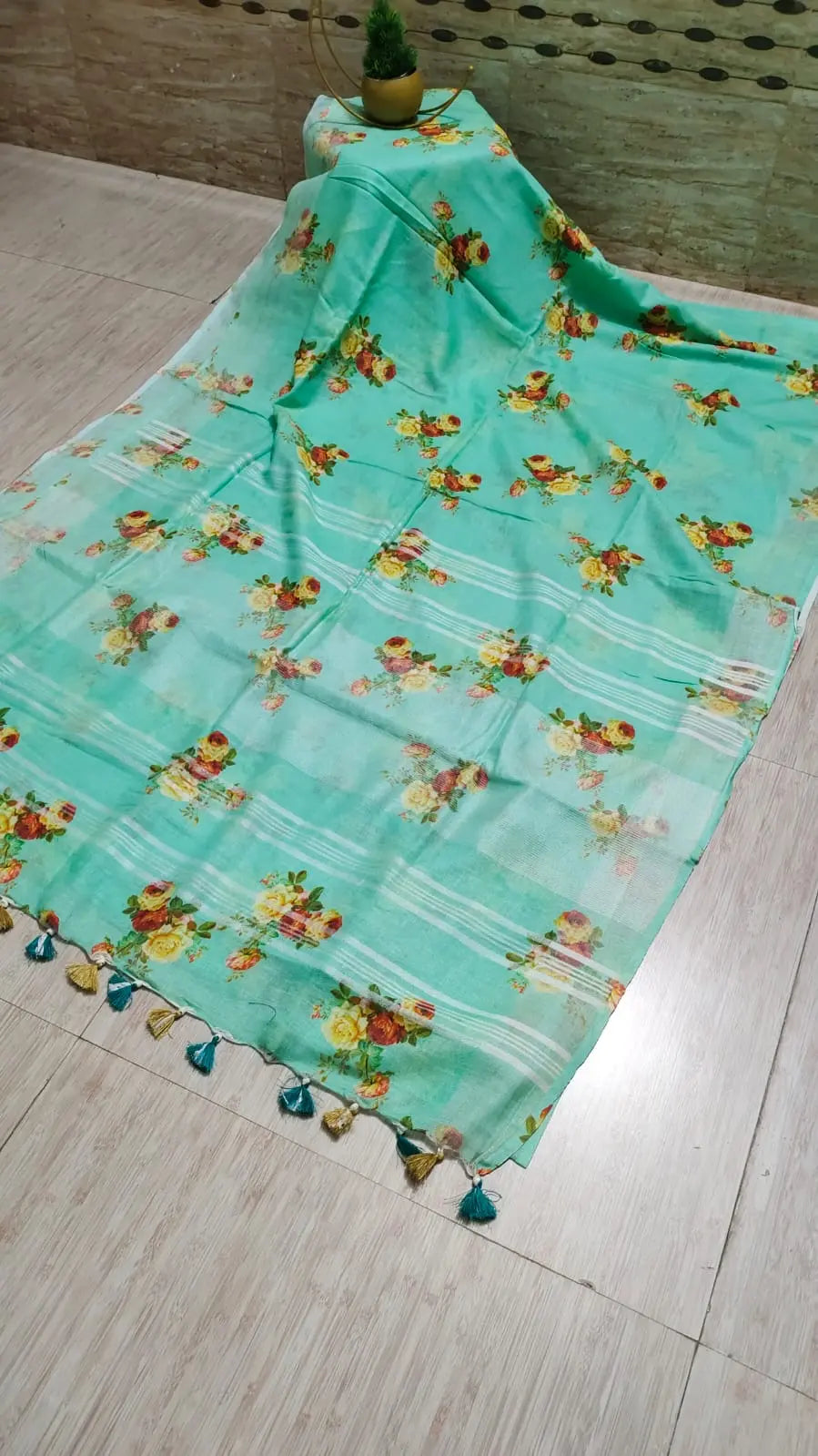 Green Floral Printed linen saree I Silver Zari BorderI Handwoven Saree I Pretty Sari | KIHUMS Saree kihums clothing