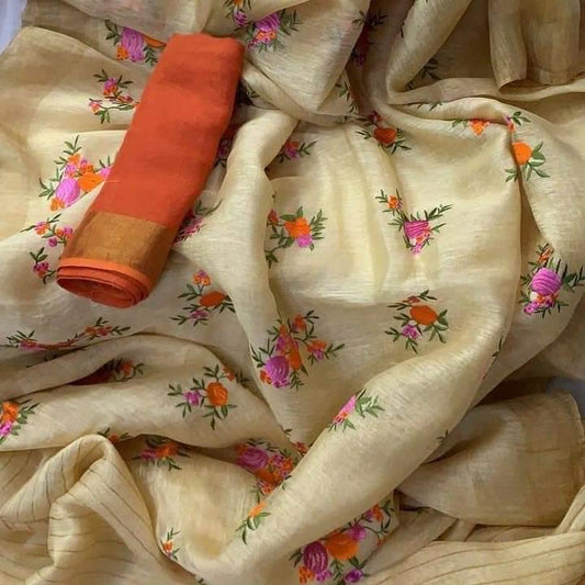 Light lemon Shade Handmade Silk Linen Saree | Embroidery work | KIHUMS Saree