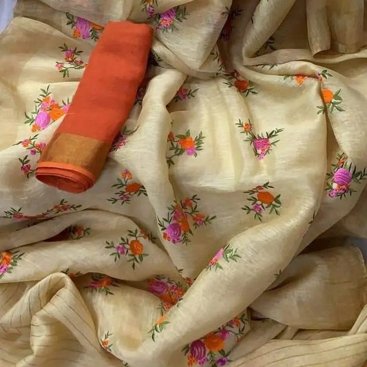 Light lemon Shade Handmade Silk Linen Saree | Embroidery work | KIHUMS Saree kihums clothing