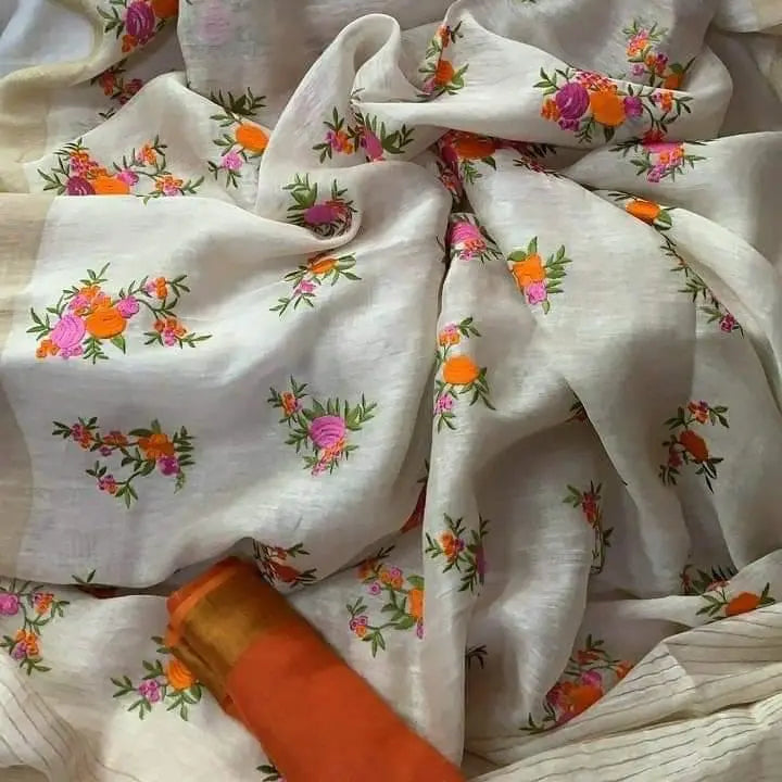 Off White Shade Handmade Silk Linen Saree | Embroidery work | KIHUMS Saree kihums clothing