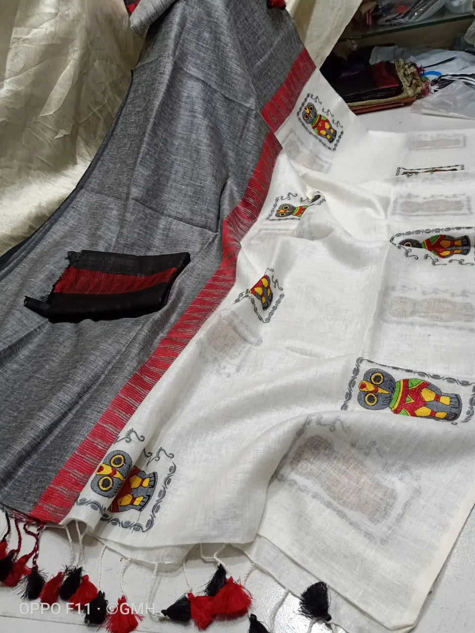 White and Grey Shade Handmade Linen Saree | Embroidery work | KIHUMS Saree kihums clothing