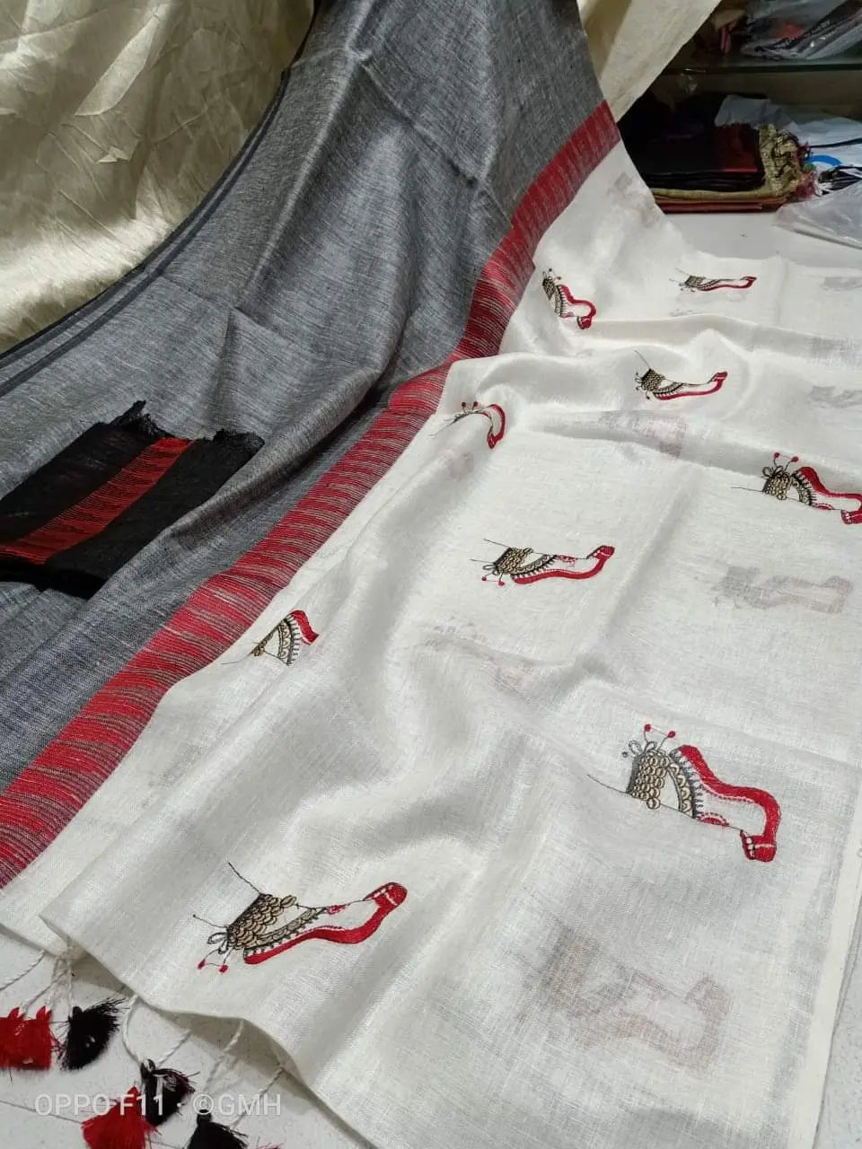 White and Grey Shade Handmade Linen Saree | Embroidery work | KIHUMS Saree kihums clothing