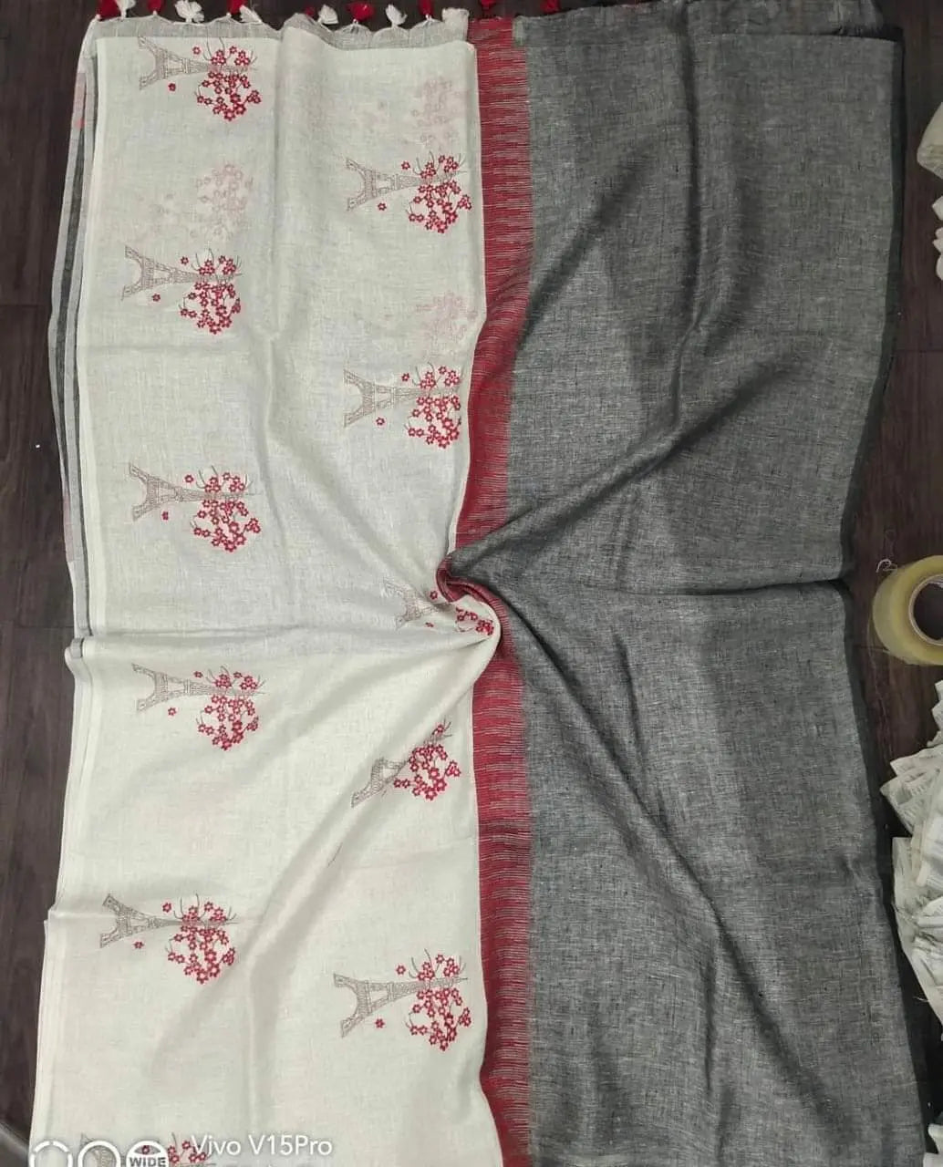 White and Grey Shade Handmade Linen Saree | Embroidery work | KIHUMS Saree kihums clothing
