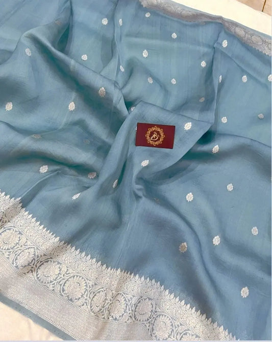 Dusty blue Organza Silk Saree |Zari motifs & Zari Meenakari Border | KIHUMS Saree kihums clothing