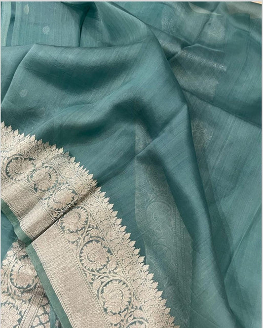 Dusty Green Organza Silk Saree |Zari motifs & Zari Meenakari Border | KIHUMS Saree