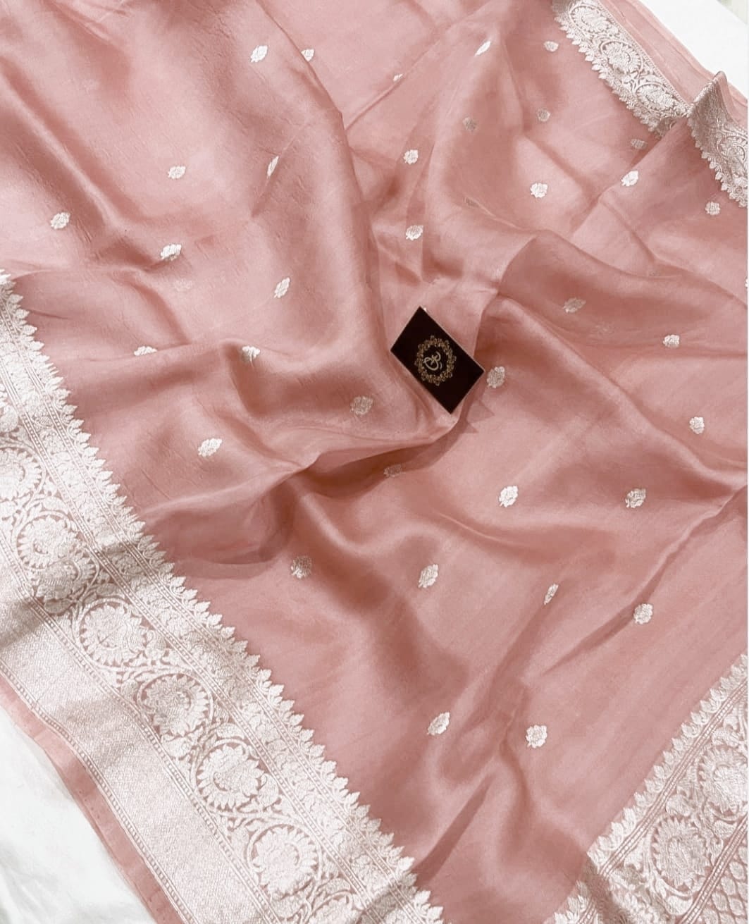 Dusty rose pink Organza Silk Saree |Zari motifs & Zari Meenakari Border | KIHUMS Saree