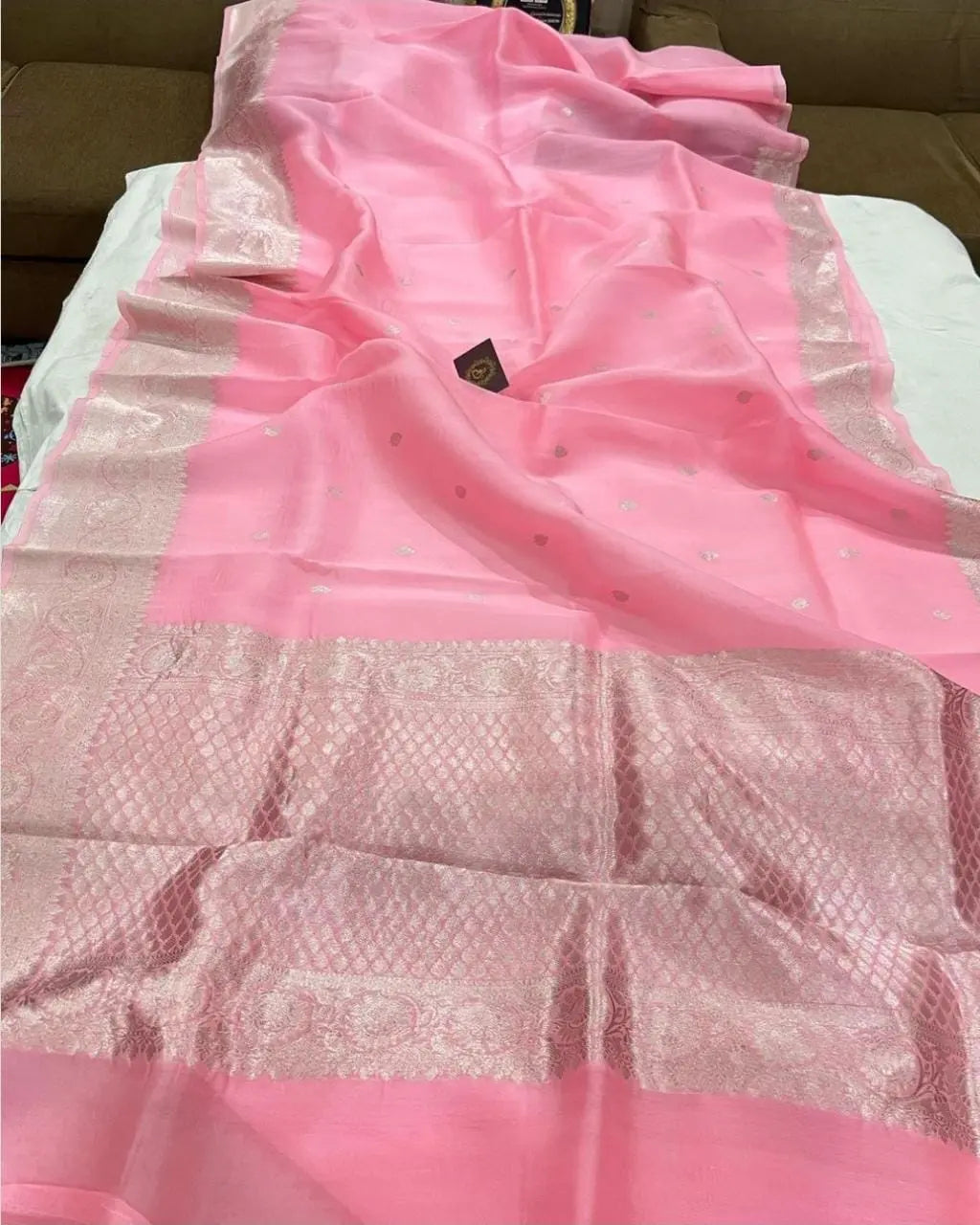 Baby Pink Shade Organza Silk Saree |Zari motifs & Zari Meenakari Border | KIHUMS Saree kihums clothing