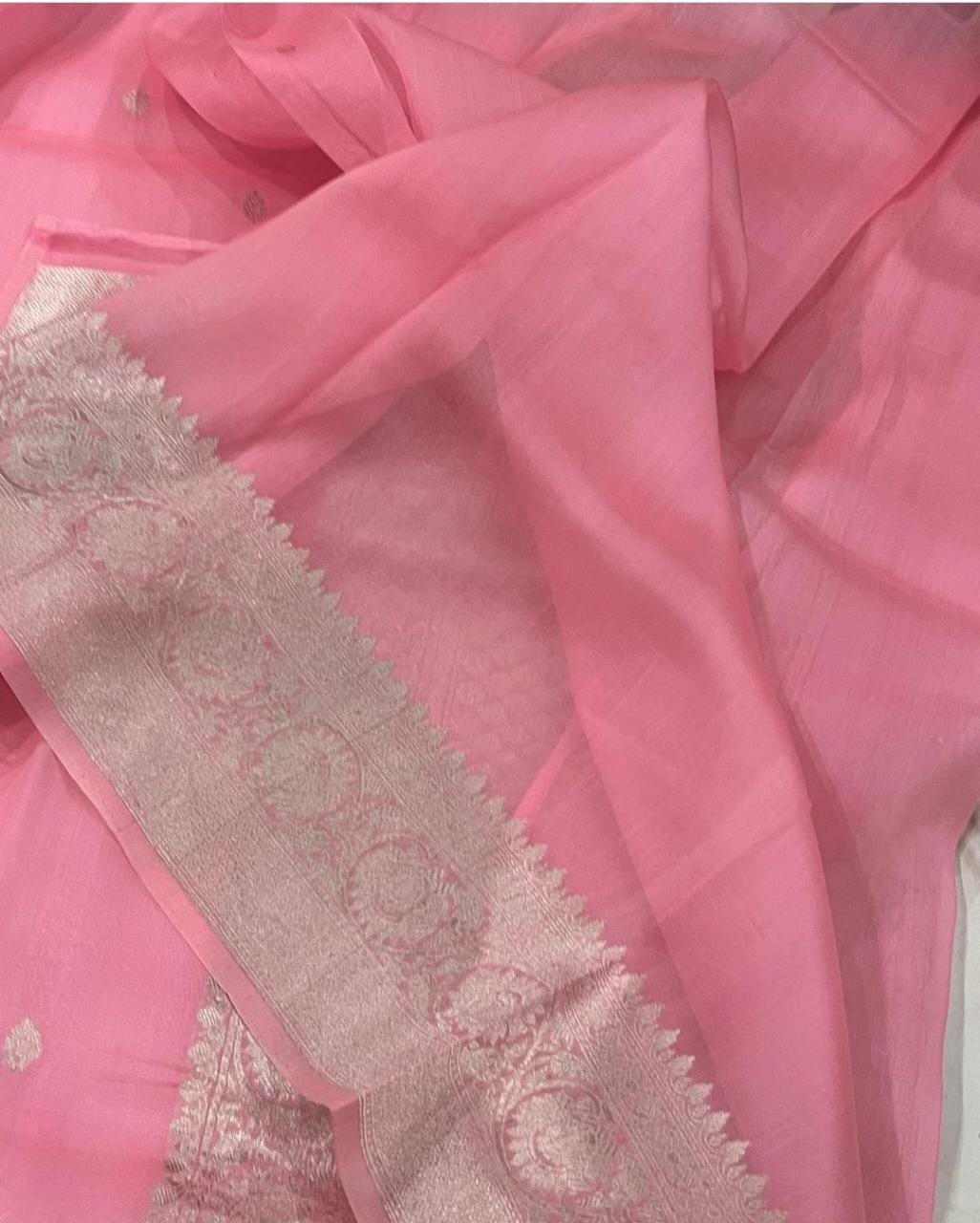 Baby Pink Shade Organza Silk Saree |Zari motifs & Zari Meenakari Border | KIHUMS Saree