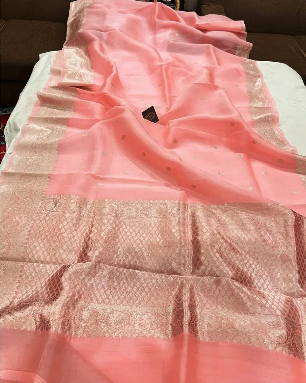 Salmon Shade Organza Silk Saree |Zari motifs & Zari Meenakari Border | KIHUMS Saree kihums clothing