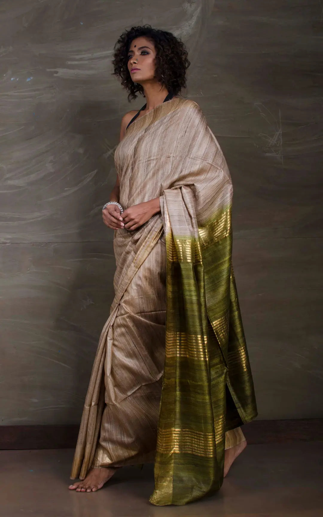 Beige Handwoven Tussar Silk Saree | KIHUMS Saree kihums clothing