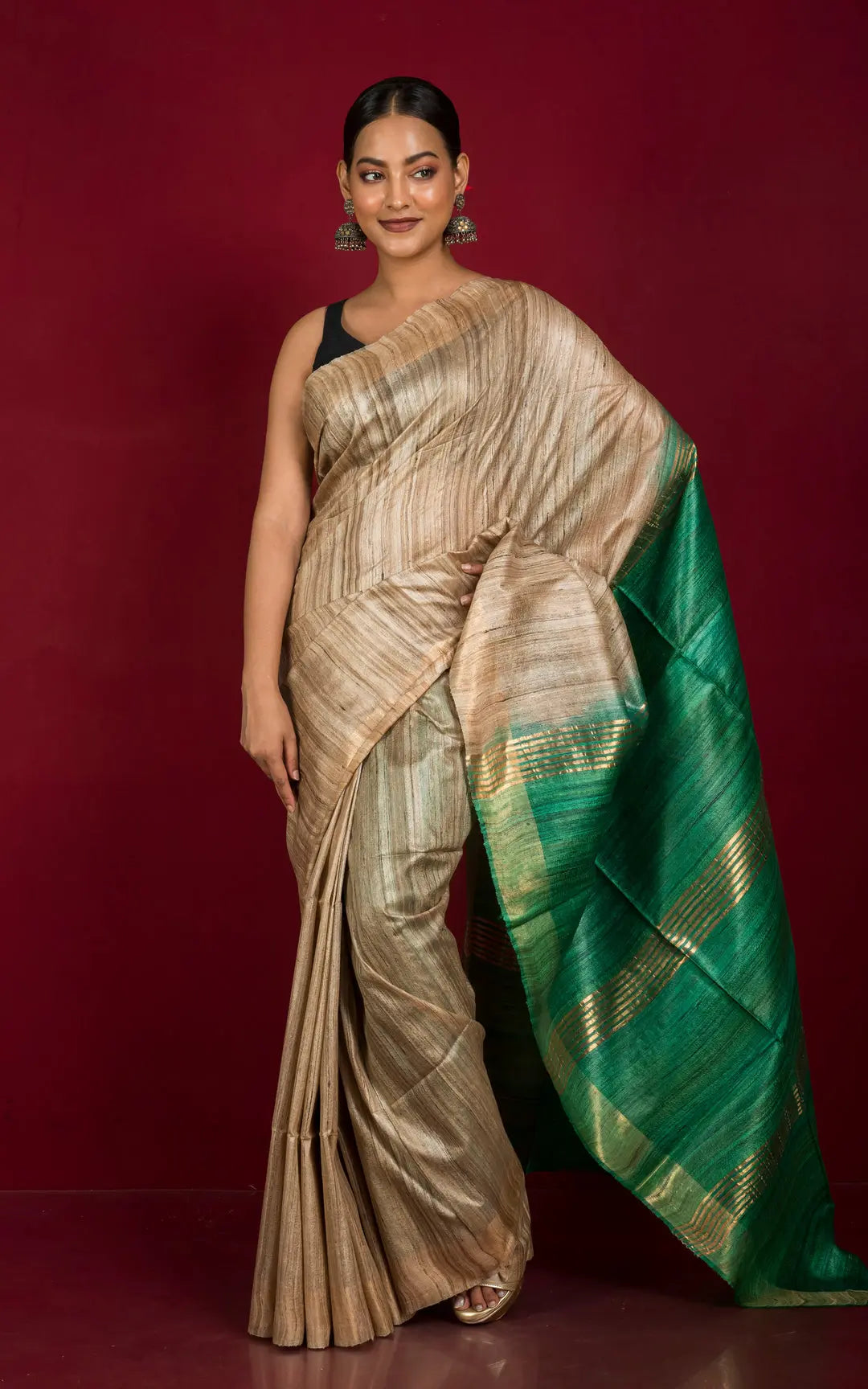Beige Handwoven Tussar Silk Saree | KIHUMS Saree kihums clothing