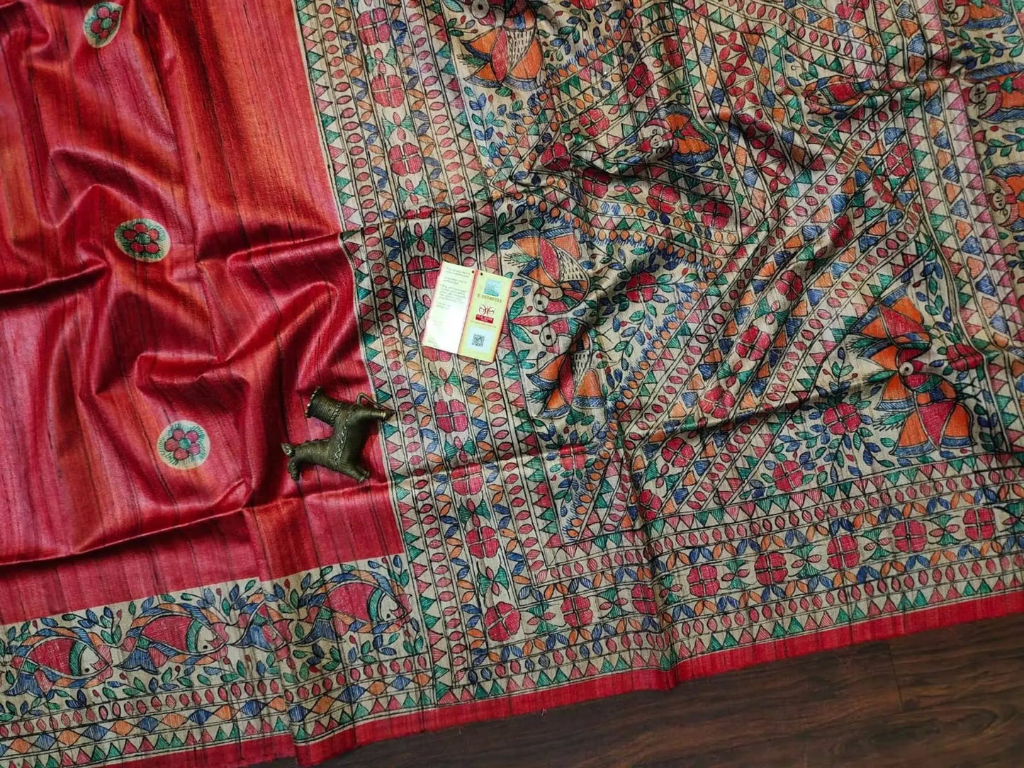 Red shade Handwoven Tussar Silk Saree |Handpainted work | KIHUMS Saree kihums clothing