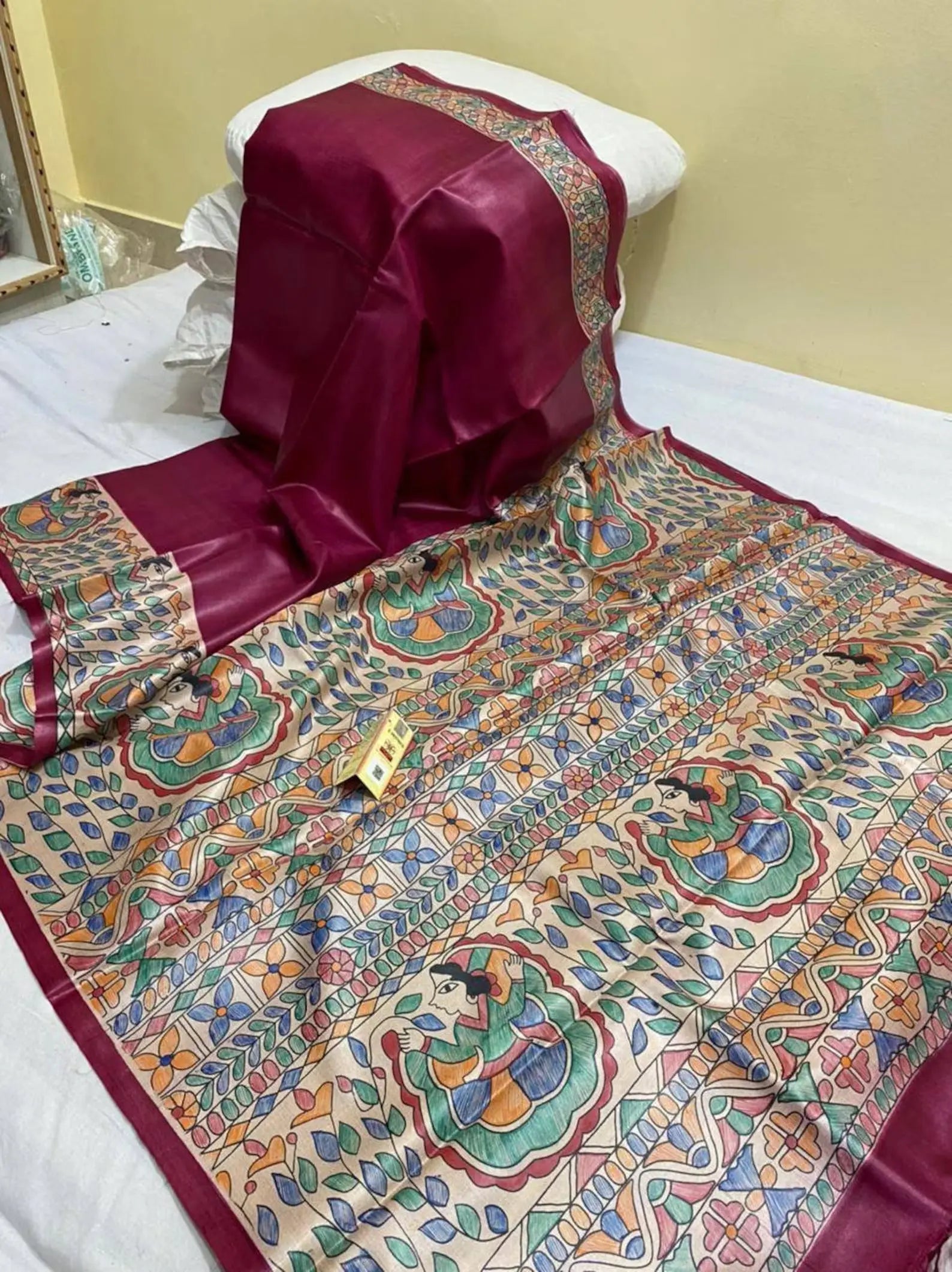 Dark Wine shade Handwoven Tussar Silk Saree |Handpainted work | KIHUMS Saree kihums clothing
