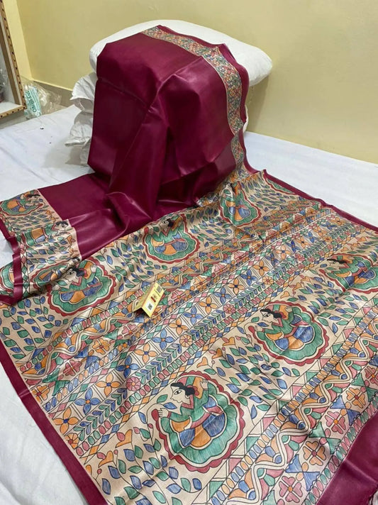 Dark Wine shade Handwoven Tussar Silk Saree |Handpainted work | KIHUMS Saree kihums clothing