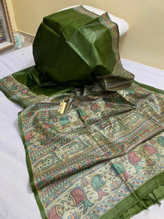 Henna Green shade Handwoven Tussar Silk Saree |Handpainted work | KIHUMS Saree kihums clothing