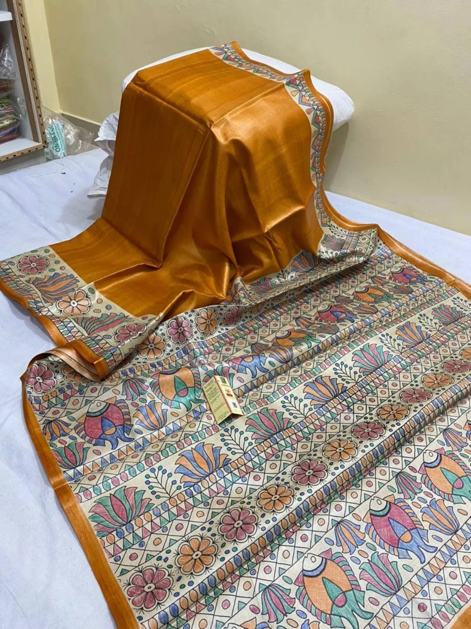 Mustard Yellow shade Handwoven Tussar Silk Saree |Handpainted work | KIHUMS Saree kihums clothing