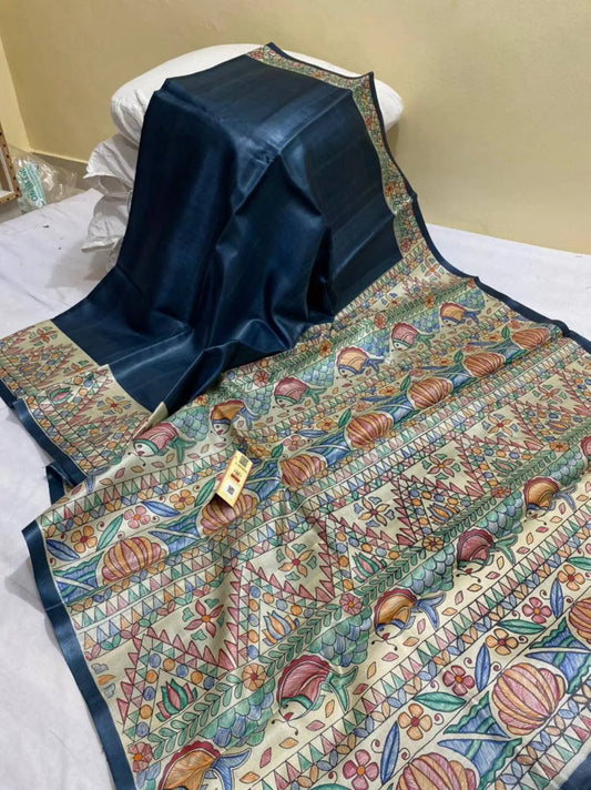 Dark Blue shade Handwoven Tussar Silk Saree |Handpainted work | KIHUMS Saree kihums clothing