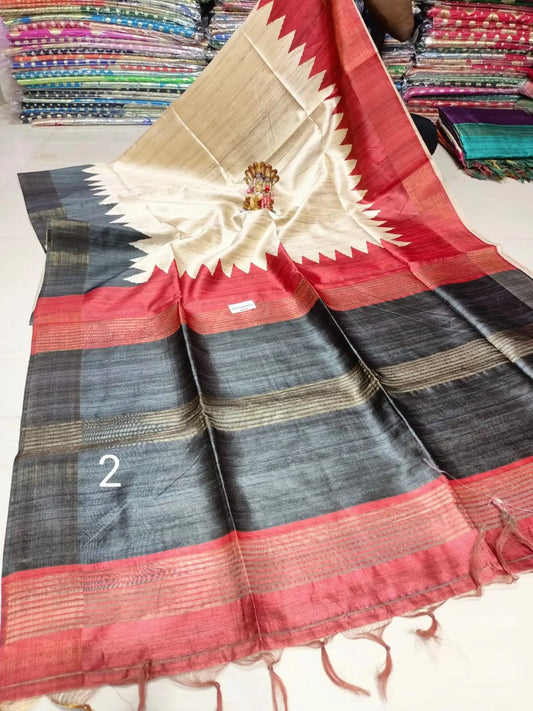 Handwoven Tussar Silk Saree |Printed Madhubani work | KIHUMS Saree kihums clothing
