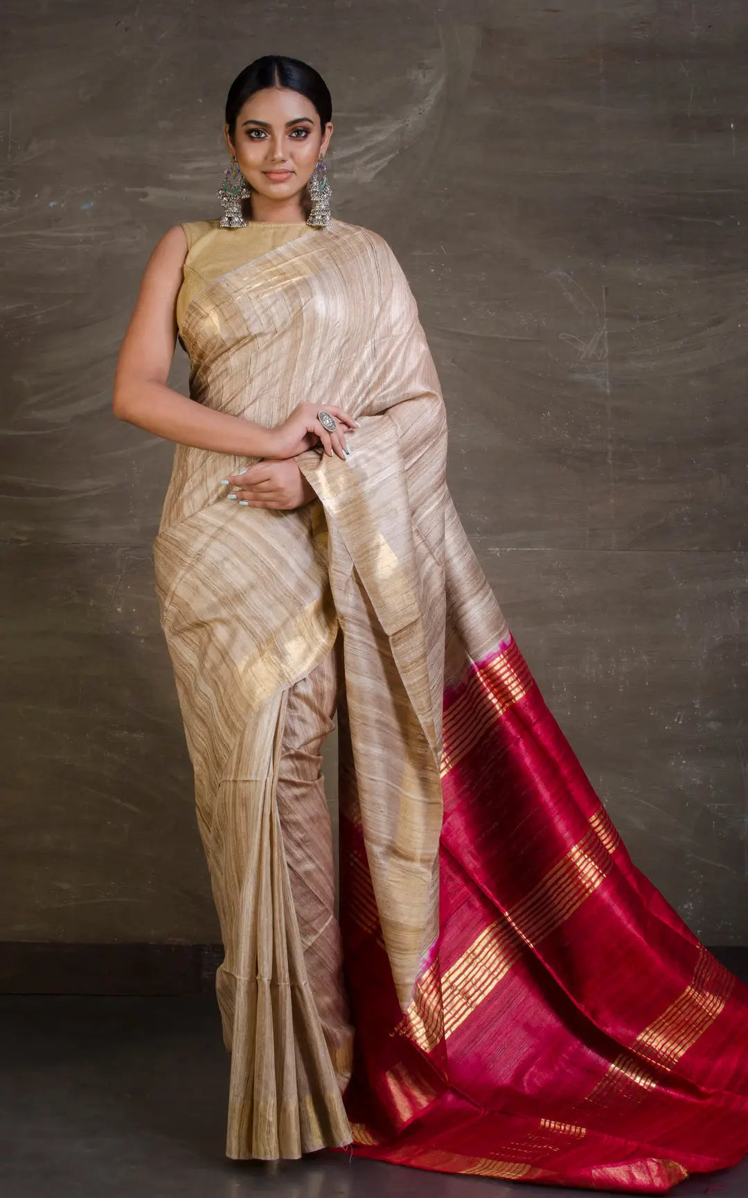 Beige Handwoven Tussar Silk Saree | KIHUMS Saree kihums clothing