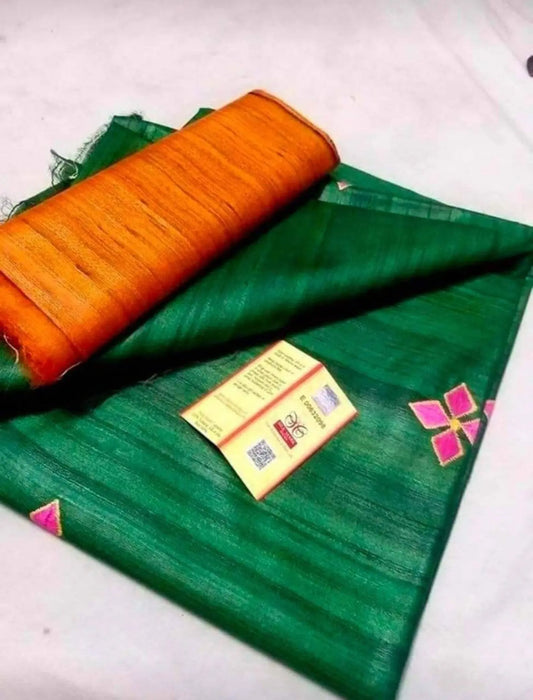Green shade Handwoven Tussar Silk Saree | Embroidery work | KIHUMS Saree kihums clothing
