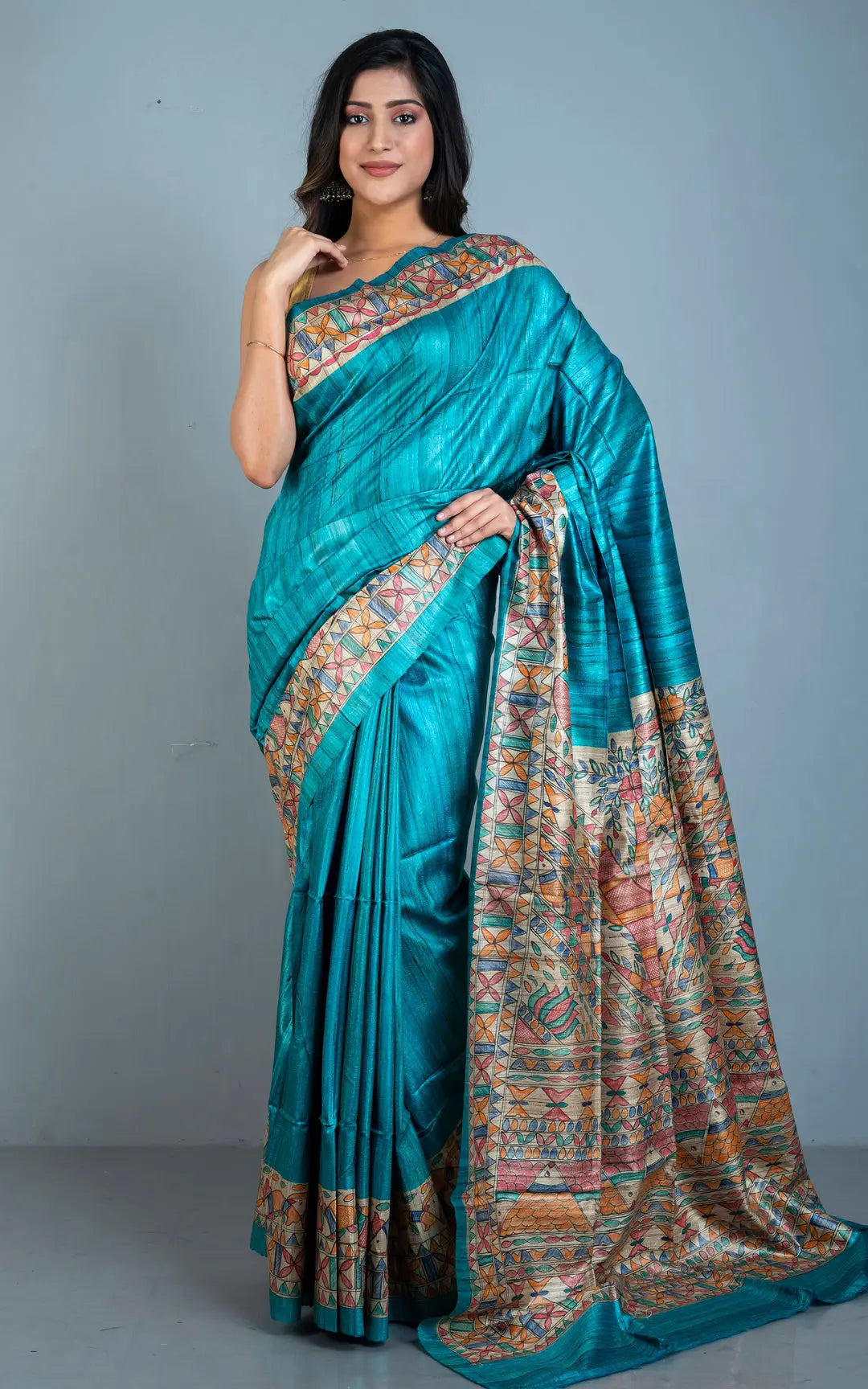 Blue Handwoven Tussar Silk Saree | Madhubani Painted | KIHUMS Saree kihums clothing