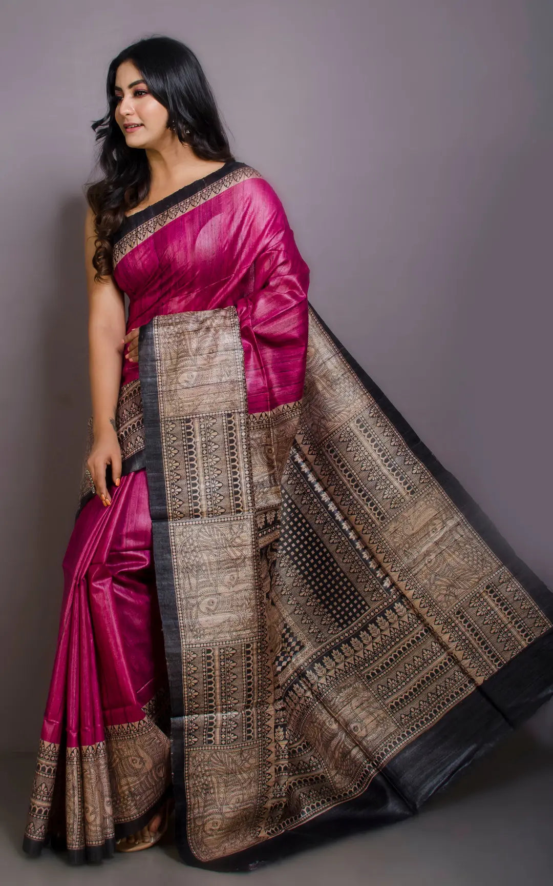Pink Handwoven Tussar Silk Saree | Madhubani Printed| KIHUMS Saree kihums clothing