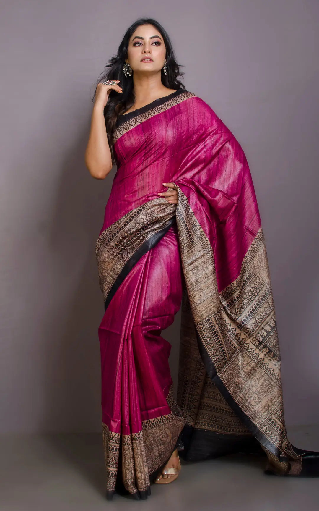 Pink Handwoven Tussar Silk Saree | Madhubani Printed| KIHUMS Saree kihums clothing