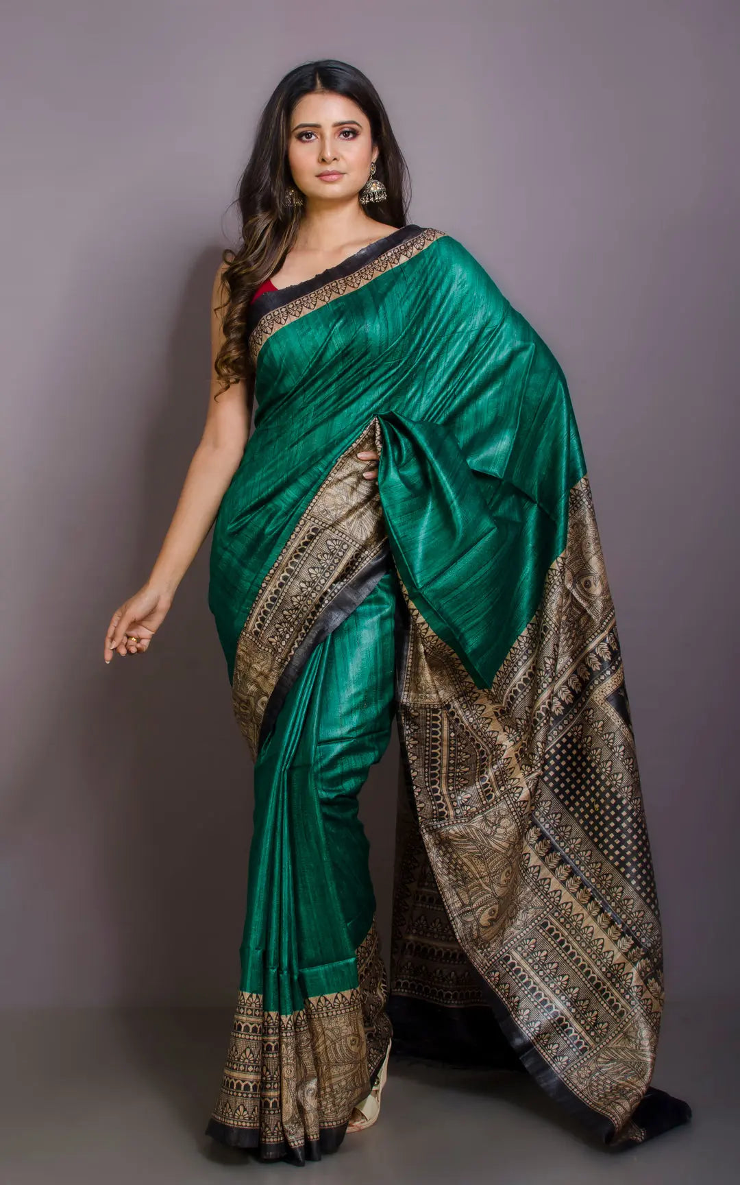 Dark Green Handwoven Tussar Silk Saree | Madhubani Printed| KIHUMS Saree kihums clothing