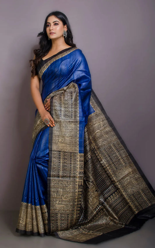 Dark Blue Handwoven Tussar Silk Saree | Madhubani Printed| KIHUMS Saree kihums clothing