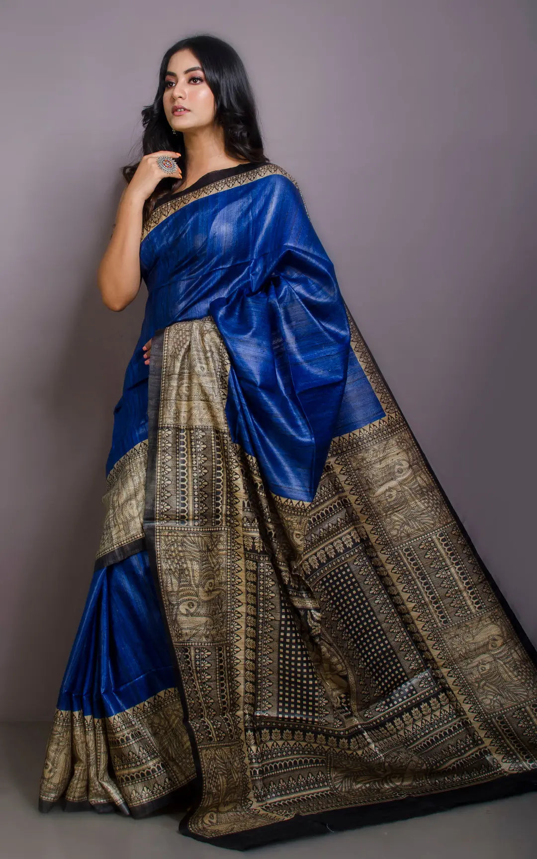 Dark Blue Handwoven Tussar Silk Saree | Madhubani Printed| KIHUMS Saree kihums clothing