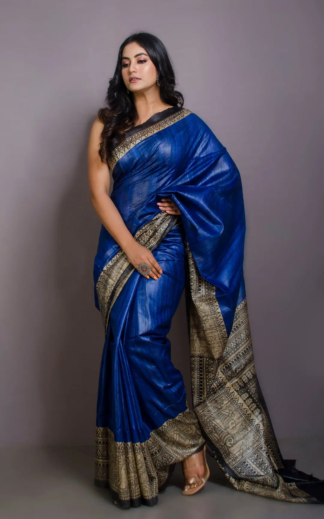 Dark Blue Handwoven Tussar Silk Saree | Madhubani Printed| KIHUMS Saree kihums clothing