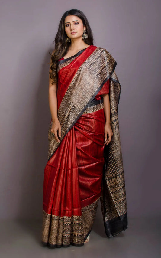 Dark Red Handwoven Tussar Silk Saree | Madhubani Printed| KIHUMS Saree kihums clothing
