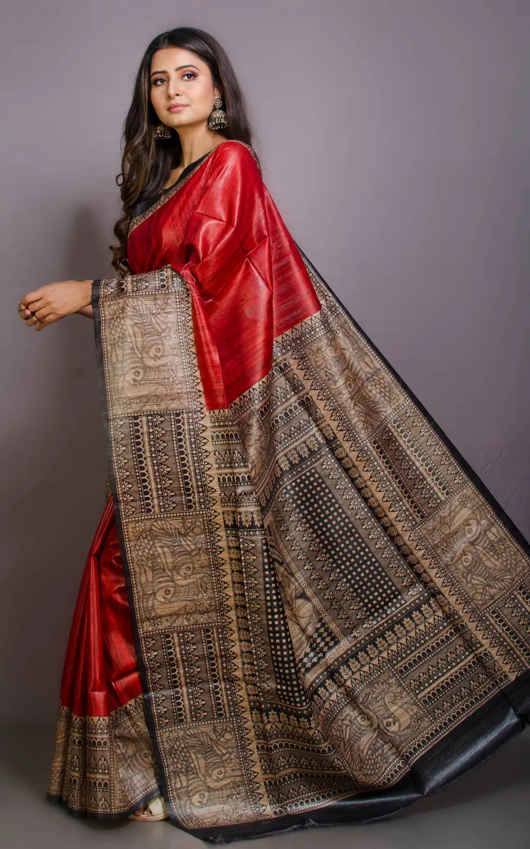 Dark Red Handwoven Tussar Silk Saree | Madhubani Printed| KIHUMS Saree kihums clothing
