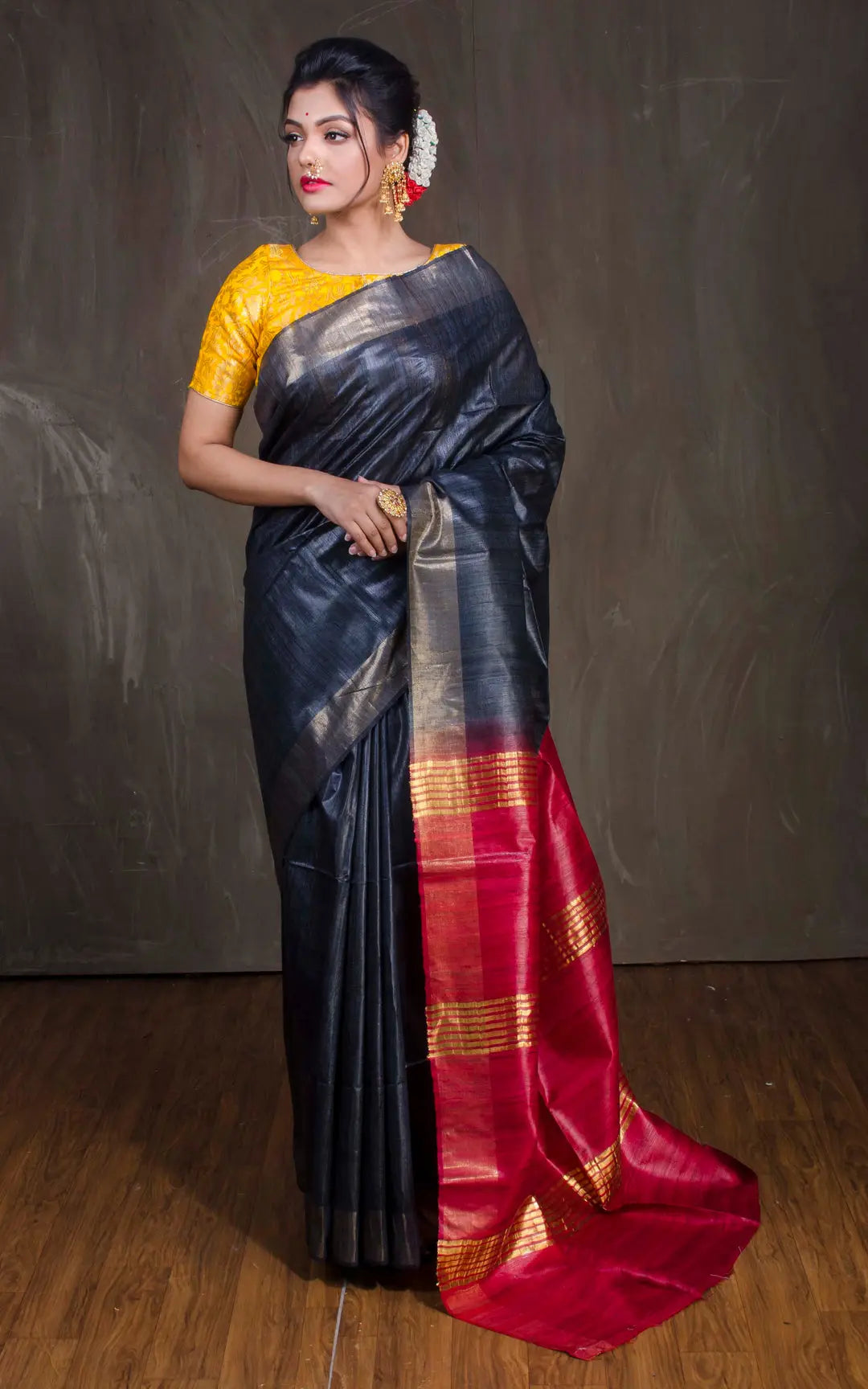 Dark Blue Handwoven Tussar Silk Saree | KIHUMS Saree kihums clothing