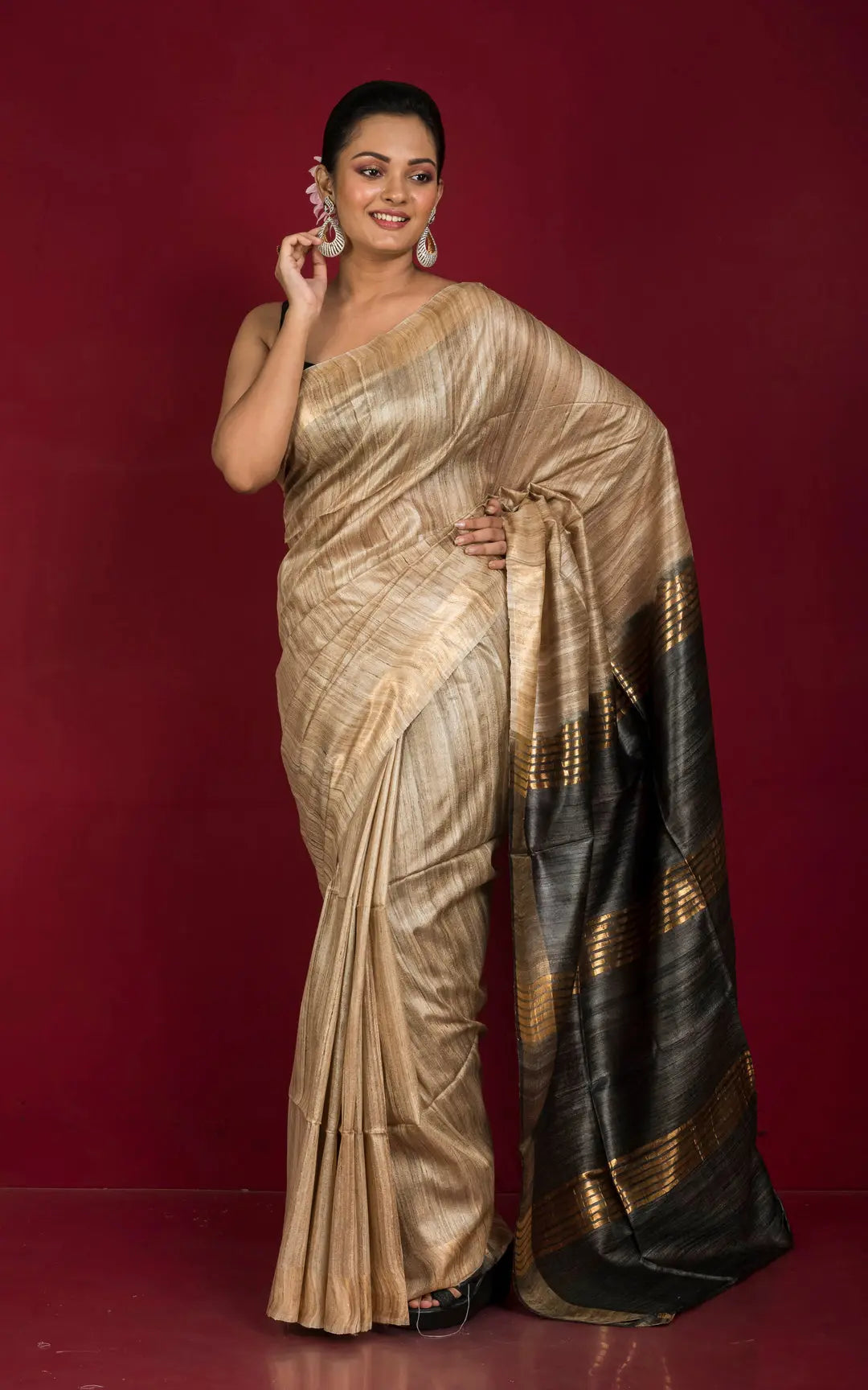 Beige Handwoven Tussar Silk Saree | KIHUMS Saree kihums clothing