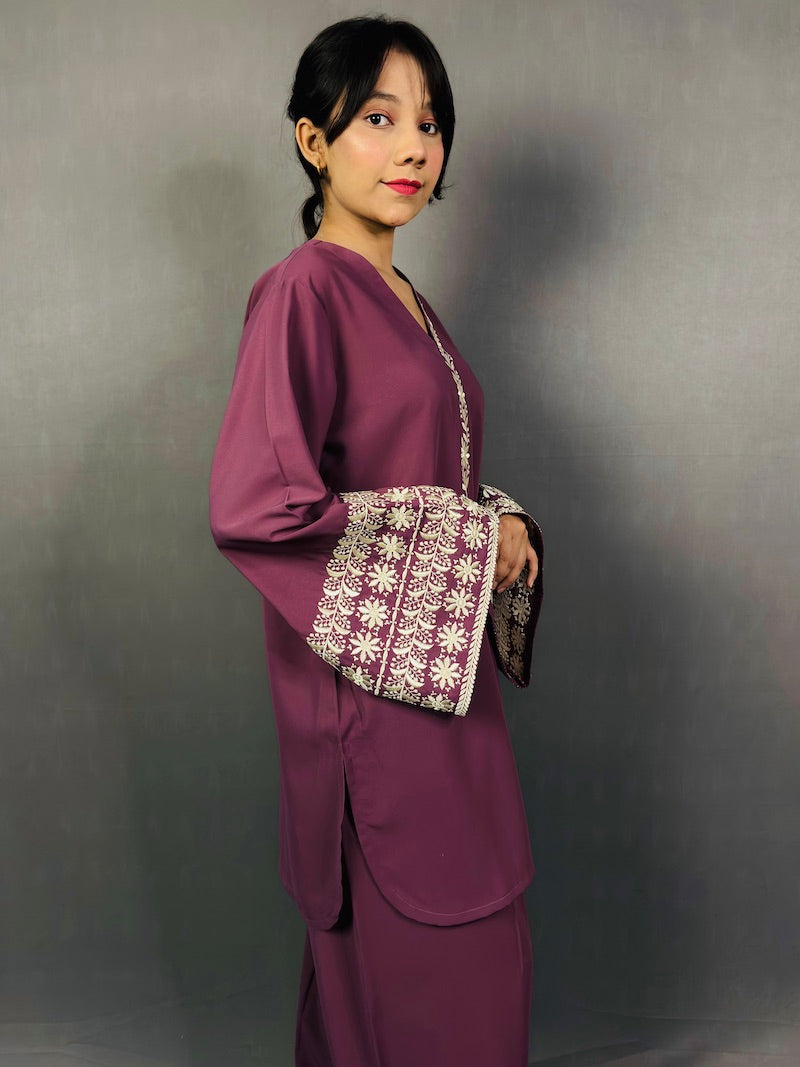 RIYA Wine Shade with Peach Thread Embroidered Farshi Shalwar