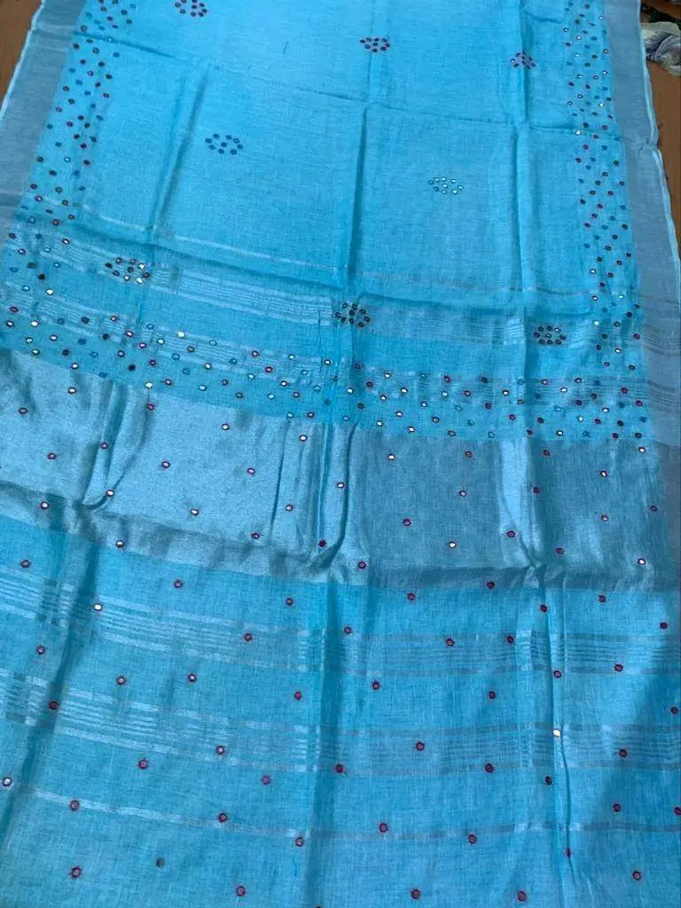 Sky Blue Handmade Pure Linen Saree | Red Border | Mirror Work | KIHUMS Saree kihums clothing