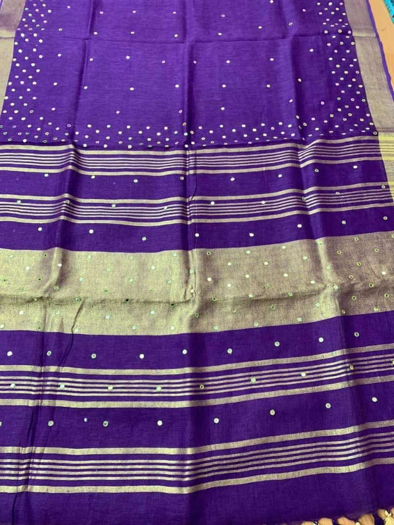 Indigo Handmade Pure Linen Saree | Red Border | Mirror Work | KIHUMS Saree kihums clothing