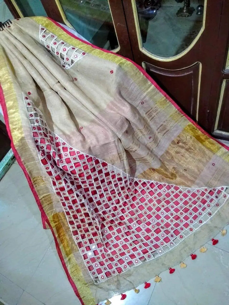 Beige Handmade Pure Linen Saree | Cut work| Mirror Work | KIHUMS Saree kihums clothing