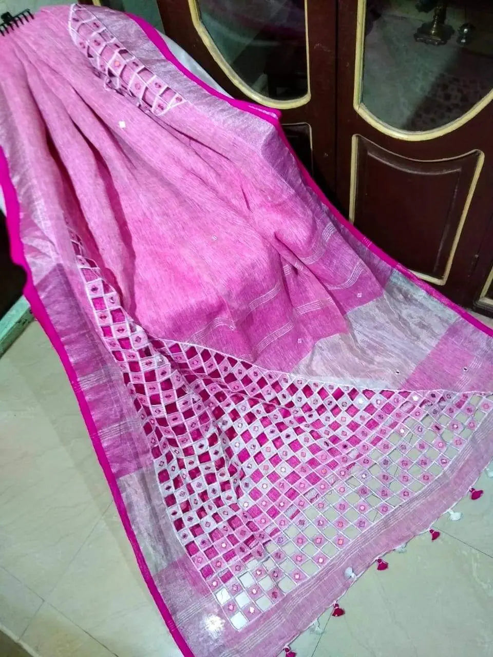 Pink Handmade Pure Linen Saree | Cut work| Mirror Work | KIHUMS Saree kihums clothing