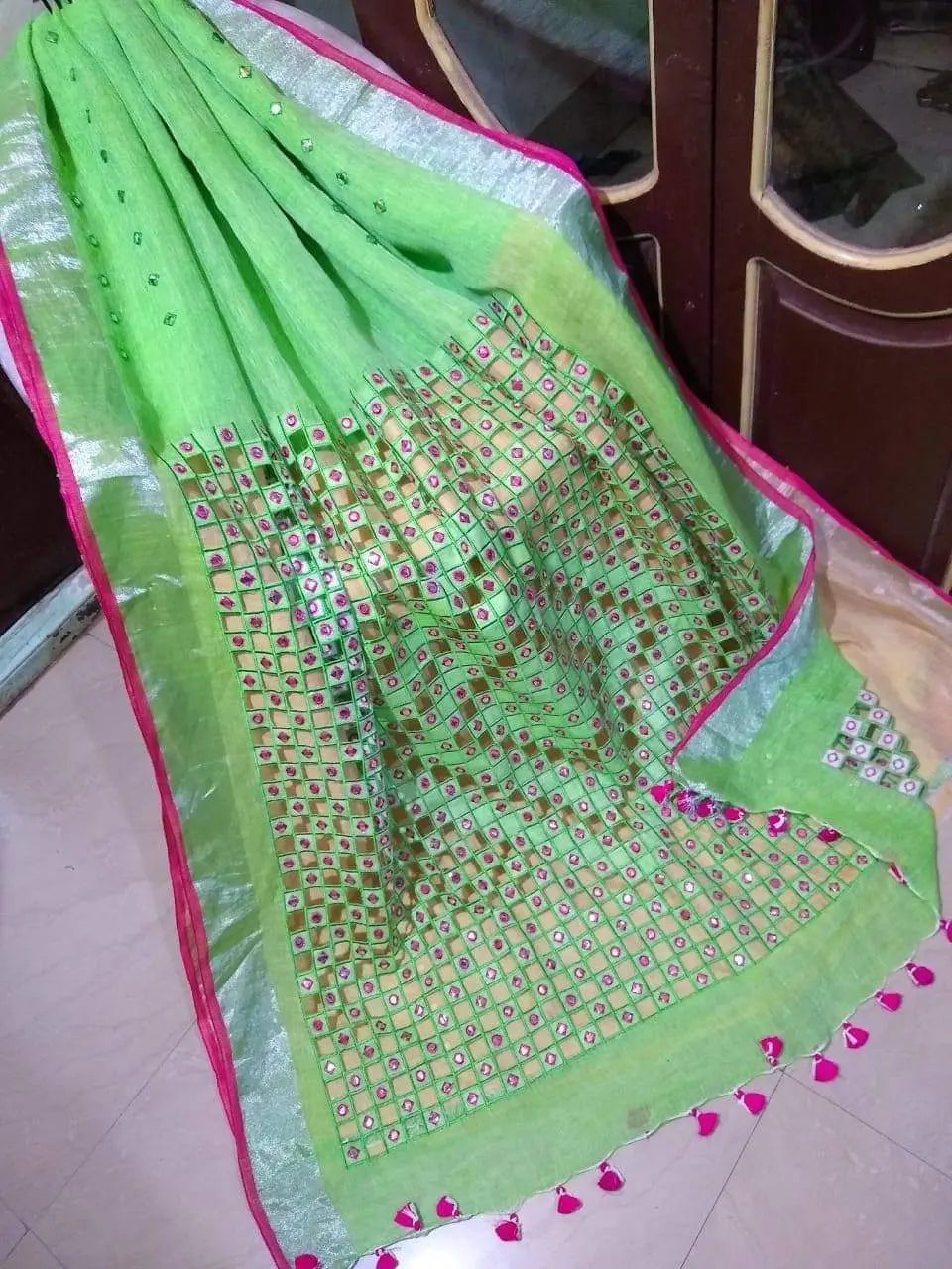 Light Green Handmade Pure Linen Saree | Cut work| Mirror Work | KIHUMS Saree kihums clothing