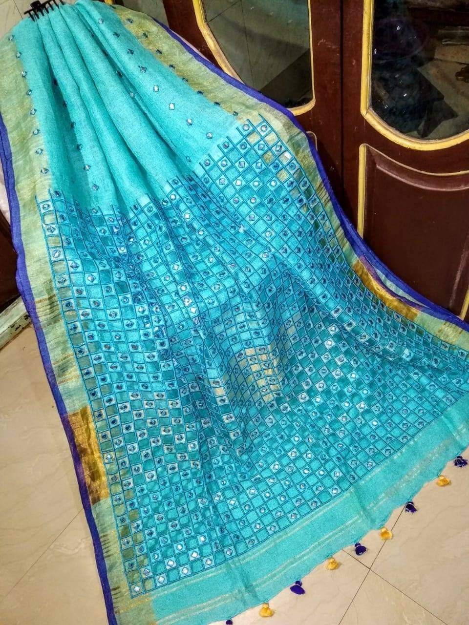 Blue Handmade Pure Linen Saree | Cut work| Mirror Work | KIHUMS Saree kihums clothing