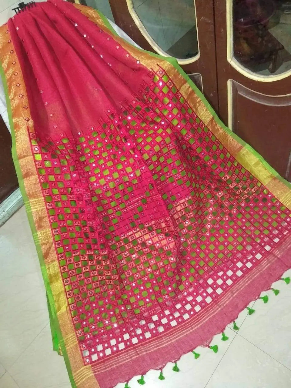 Tomato Pink Handmade Pure Linen Saree | Cut work| Mirror Work | KIHUMS Saree kihums clothing