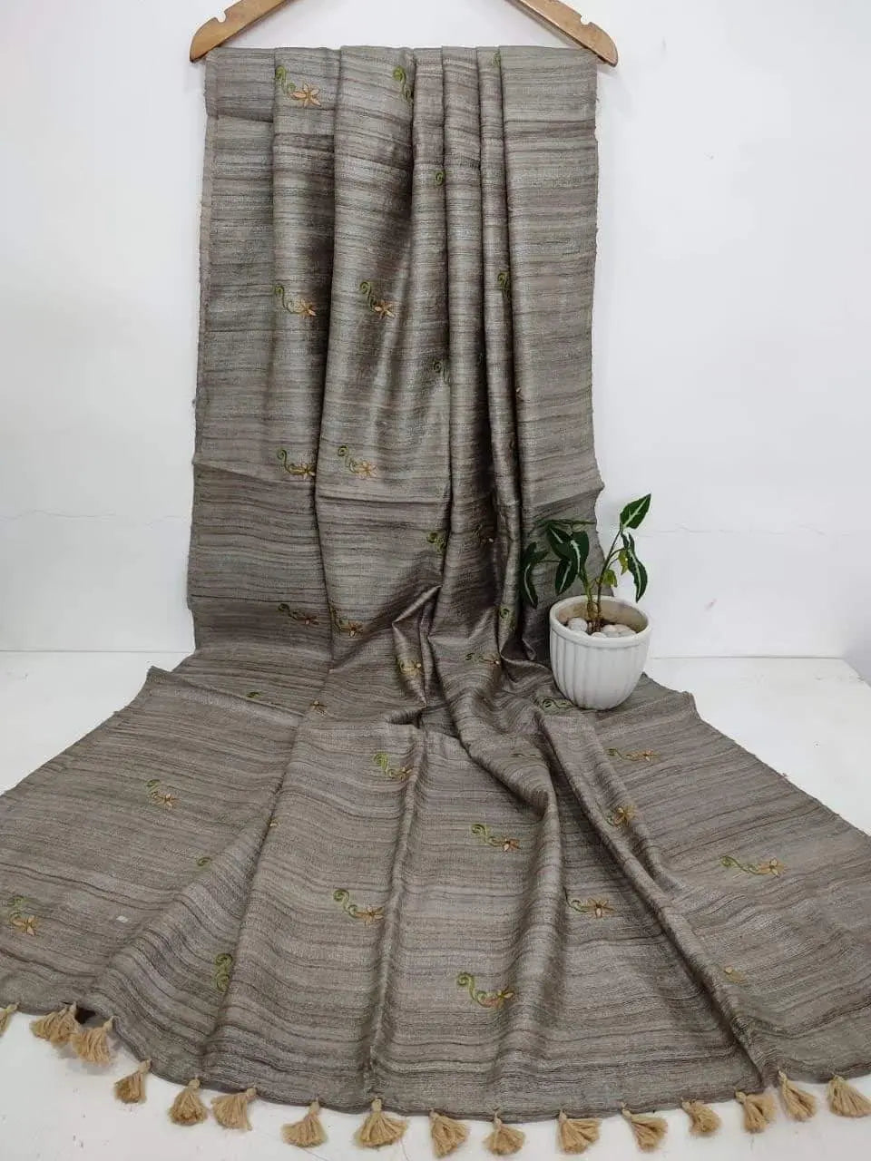 Grey Tussar Silk Saree with Floral Embroidery | KIHUMS Saree kihums clothing